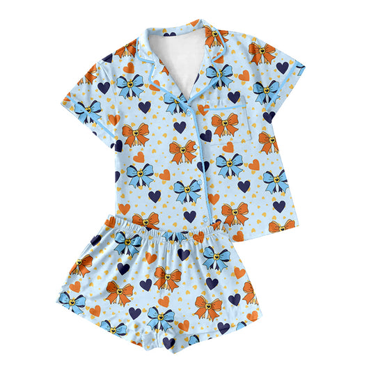 preorder GSSO2296 Blue bows Button Short sleeve Top shorts pajamas set boutique Adult girls clothing sets summer outfit 202502