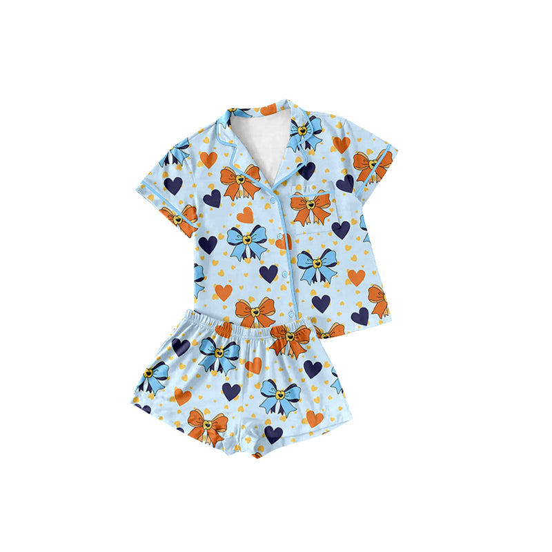 preorder GSSO2297 Blue Bows Button short sleeve top shorts pajamas sets girls boutique outfit 202502