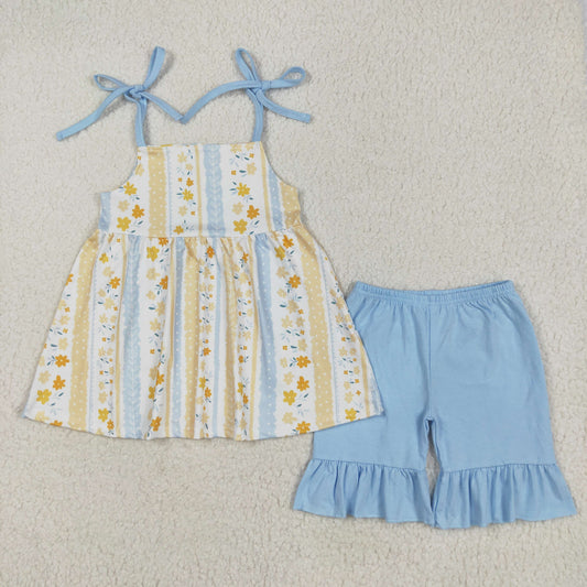 GSSO2302 Yellow Blue Striped Refreshing Flower Ruffle sleeveless top shorts sets girls boutique outfit 202505 RTS