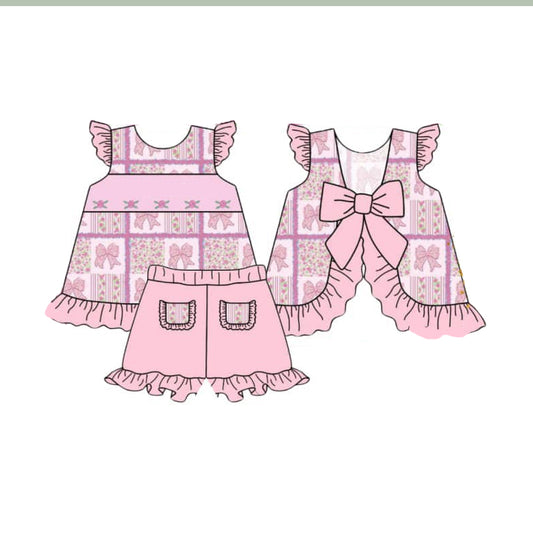 preorder GSSO2305 Hot Pink Bows Flower Pocket Ruffle Flying sleeve top shorts sets girls boutique outfit 202502