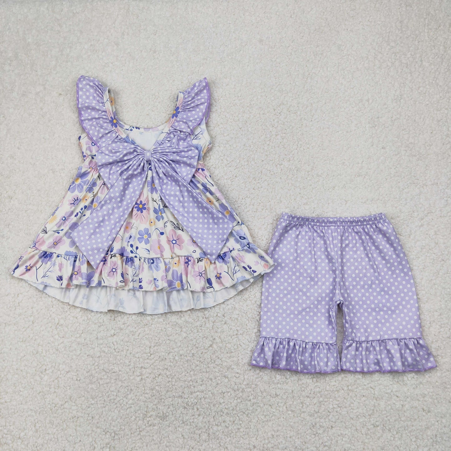 GSSO2306 Light Blue Purple Flower Bow Dot Ruffle sleeveless top shorts sets girls boutique outfit 202504 RTS