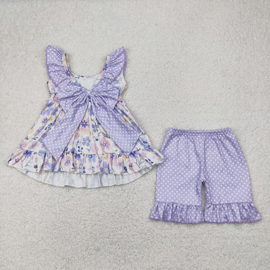 GSSO2306 Light Blue Purple Flower Bow Dot Ruffle sleeveless top shorts sets girls boutique outfit 202504 RTS