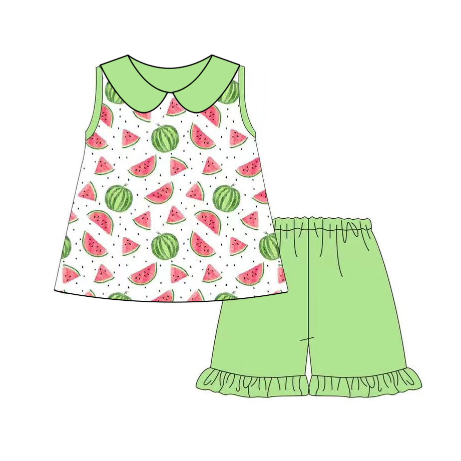 preorder GSSO2308 Green Watermelon Dot Ruffle sleeveless top shorts sets girls boutique outfit 202502