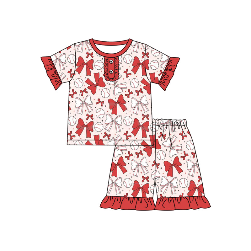 preorder GSSO2309 Red Baseball Bows Ruffle short sleeve top shorts pajamas sets girls boutique outfit 202502