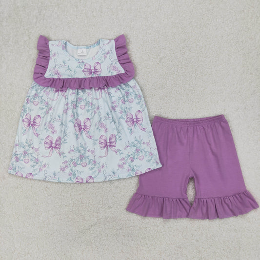 GSSO2315 Purple Blue Flower Ruffle sleeveless top shorts sets girls boutique outfit 202503 RTS