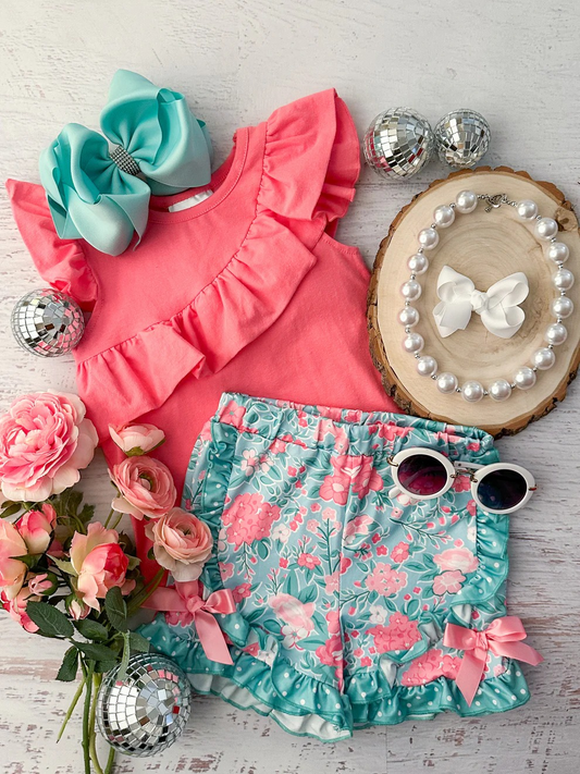 preorder GSSO2316 Flower Ruffled Watermelon Red sleeveless top green shorts sets girls boutique outfit 202502