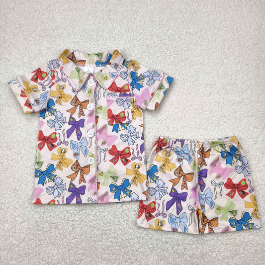 GSSO2321 Cartoon Colored Bows Button short-sleeved shorts pajamas set girls boutique outfit 202504 RTS
