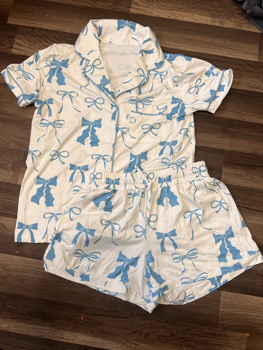 preorder GSSO2322 Blue Bows Button short-sleeved shorts pajamas set girls boutique outfit 202502