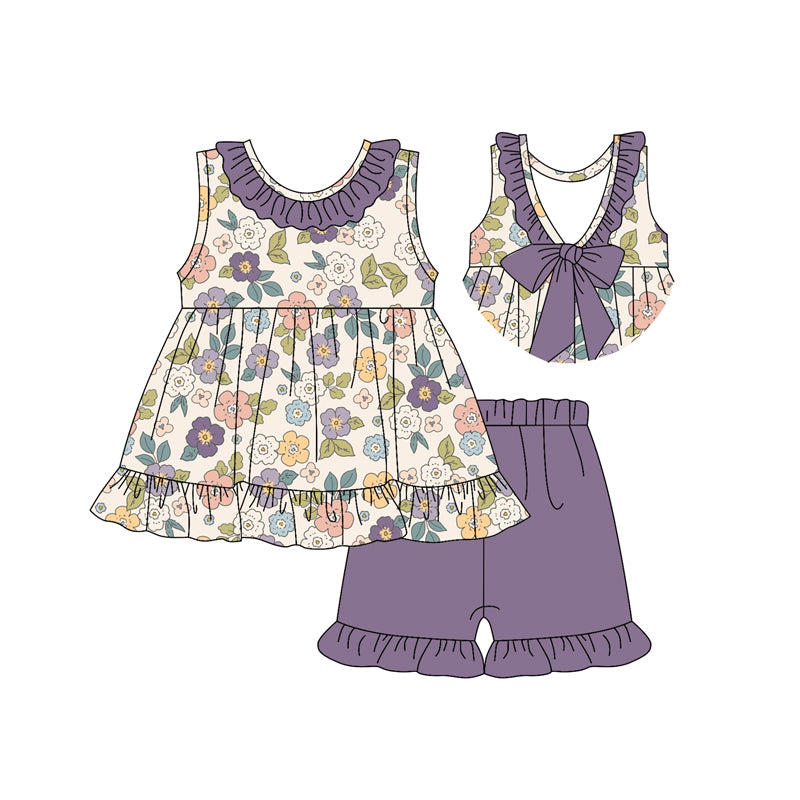preorder GSSO2325 Purple Flower Ruffle Sleeveless Top shorts set girls boutique outfit 202502