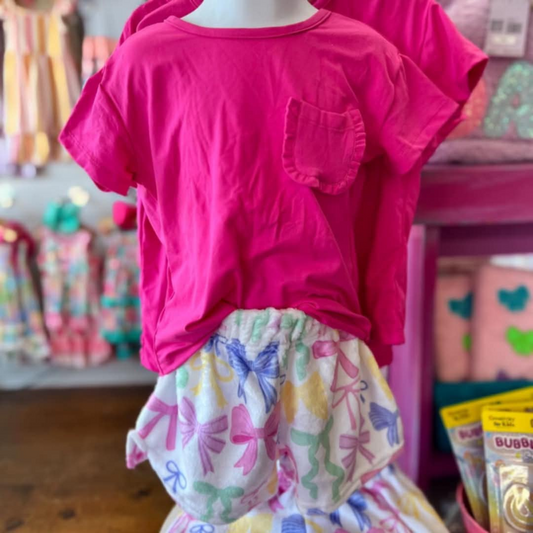 preorder GSSO2327 Rose Red Pocket Short Sleeve Top Colored Bows shorts set girls boutique outfit 202502