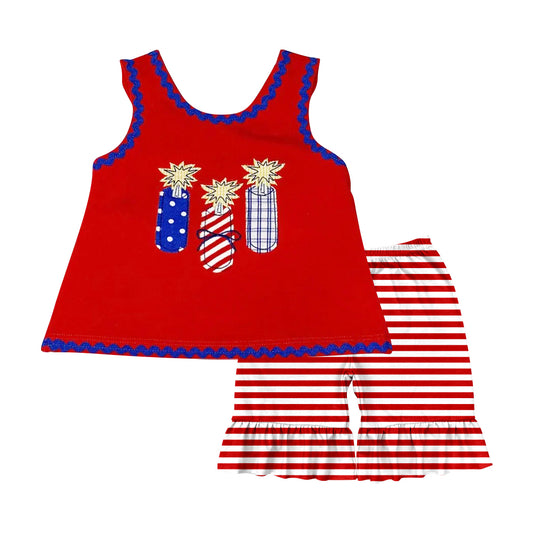 preorder GSSO2330 4th of July American Fireworks Red Sleeveless Top ruffle Striped shorts set girls boutique outfit 202502