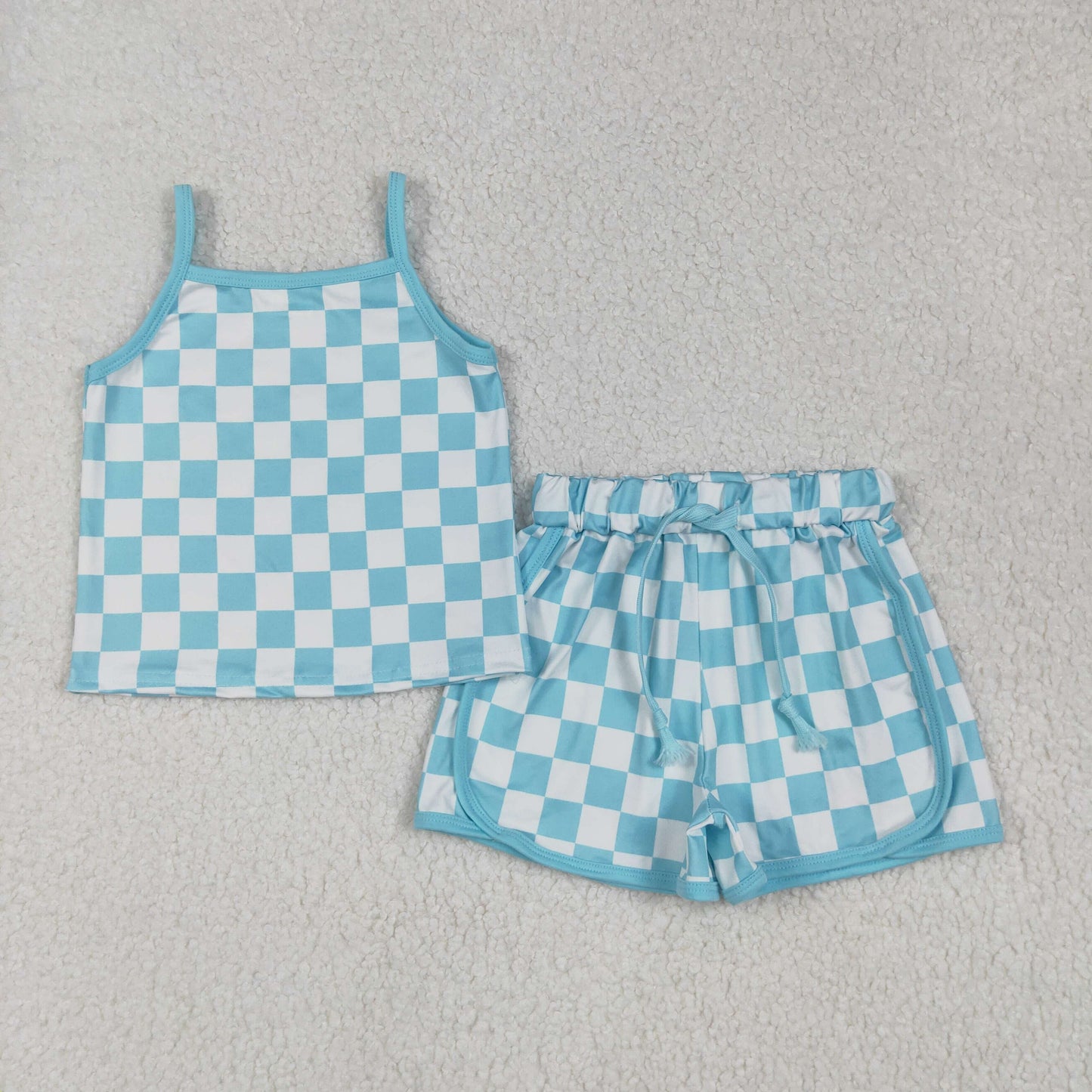 GSSO2332 Blue White Plaid Sleeveless top shorts sets girls boutique outfit 202506 RTS