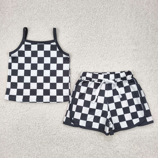 GSSO2334 Black White Plaid Sleeveless top shorts sets girls boutique outfit 202504 RTS