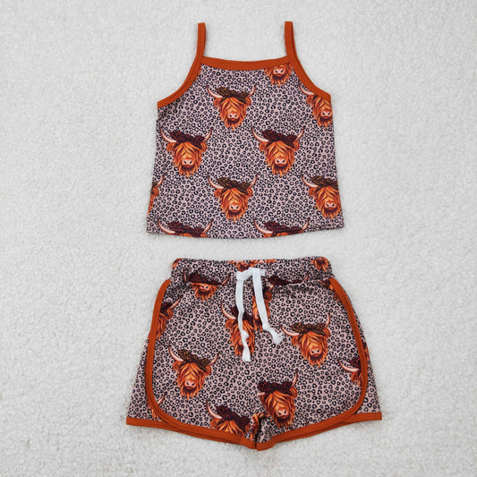 GSSO2341 Brown Leopard Cow Sleeveless top shorts sets girls boutique outfit 202504 RTS
