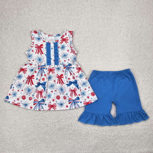 GSSO2346 4th of July USA Red Blue Bows Fireworks Star ruffle Sleeveless Top shorts set girls boutique outfit 202504 RTS