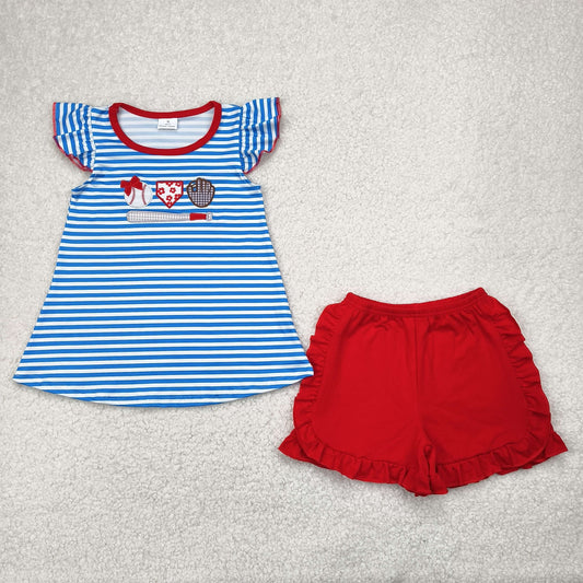 GSSO2348 Embroidered baseball Gloves blue striped Fly Sleeve Top red ruffle shorts set girls boutique outfit 202504 RTS