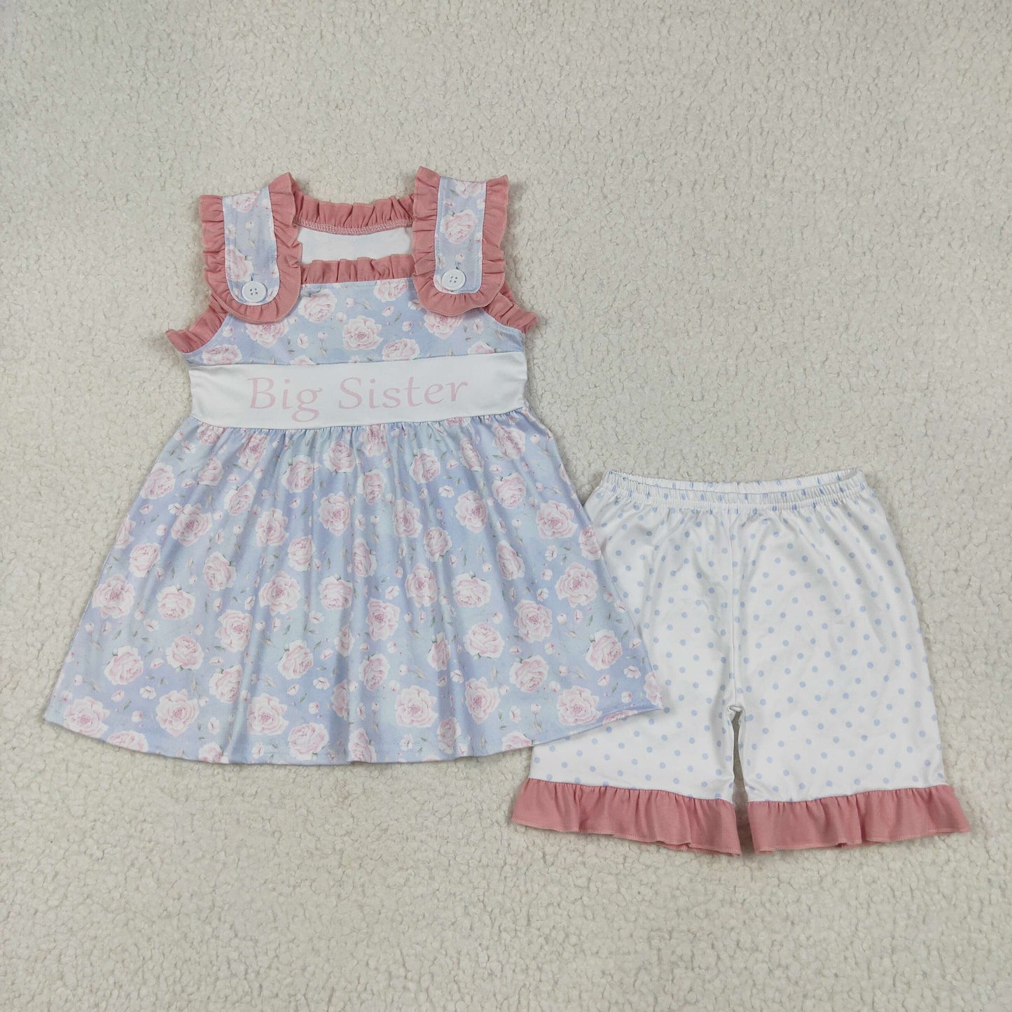 GSSO2350 Big Sister letter Pink Blue Flower Ruffle Sleeveless Top dot shorts set girls boutique outfit 202506 RTS