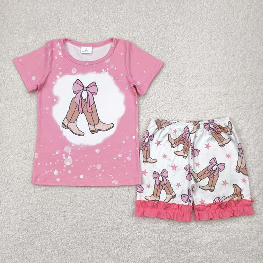 GSSO2354 Pink Boots Bow Star Ruffle Short Sleeve Top ruffle shorts set girls boutique outfit 202504 RTS
