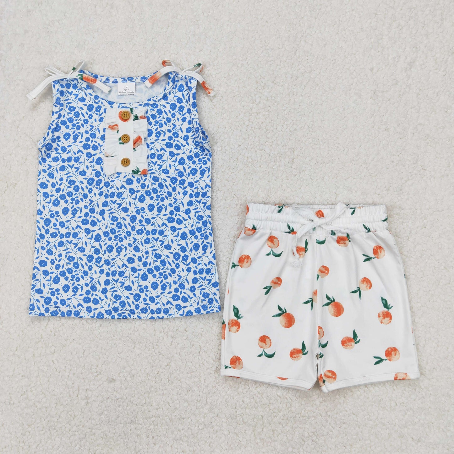 GSSO2355 Blue Floral Sleeveless Top White Peach Shorts Set Girls Boutique Outfit 202503 RTS