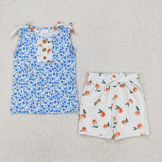 GSSO2355 Blue Floral Sleeveless Top White Peach Shorts Set Girls Boutique Outfit 202503 RTS