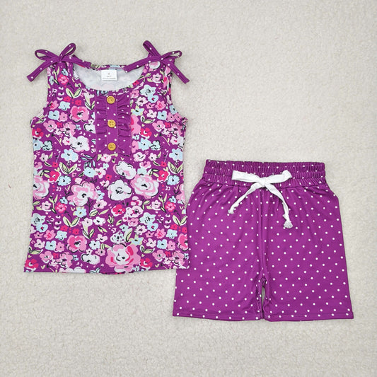 GSSO2358 Dark Purple Flower Sleeveless Top dot shorts set girls boutique outfit 202504 RTS