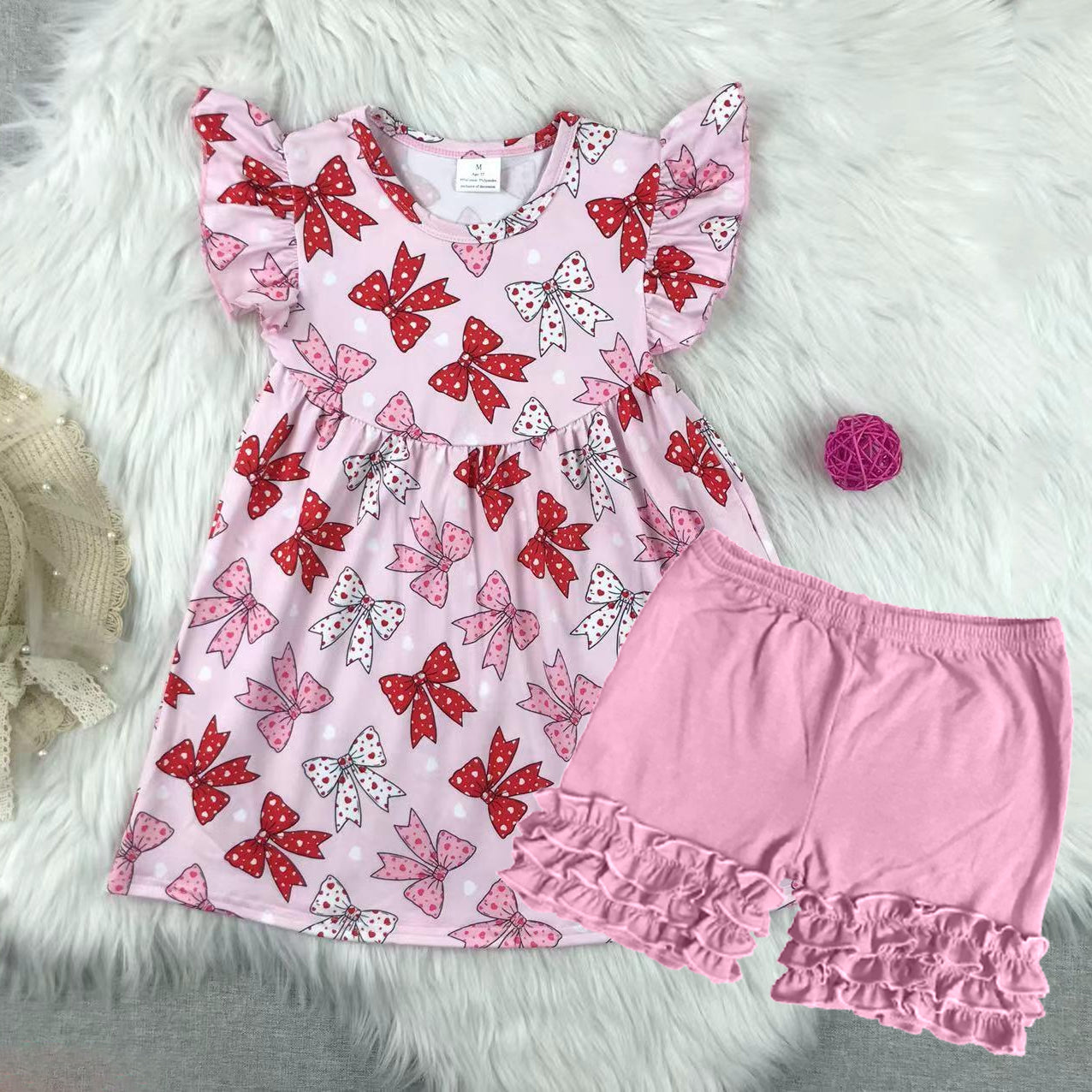 preorder GSSO2360 Hot Pink Bows Fly Sleeve Top ruffled shorts set girls boutique outfit 202503