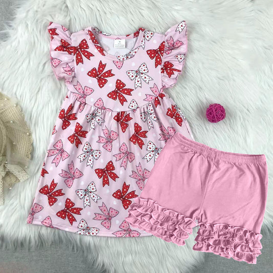 preorder GSSO2360 Hot Pink Bows Fly Sleeve Top ruffled shorts set girls boutique outfit 202503