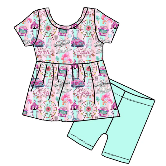 preorder GSSO2363 Fairground cars balloon Purple short Sleeve Top Mint Green shorts set girls boutique outfit 202503
