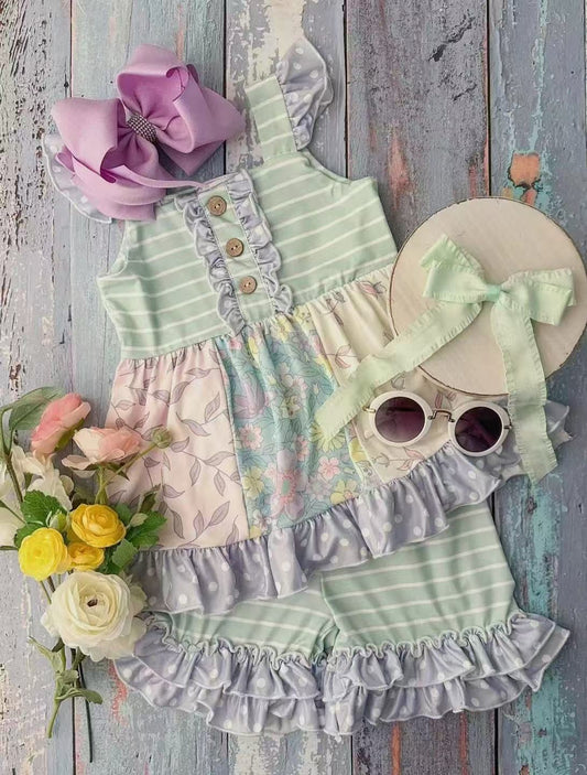 preorder GSSO2366 Green Flower Leaf striped Ruffled Sleeveless Top shorts set girls boutique outfit 202503