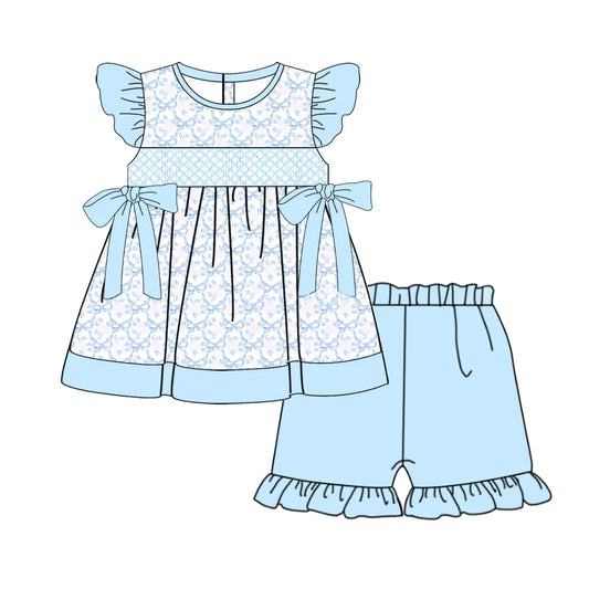 preorder GSSO2367 Blue Flower Ruffled Fly Sleeve Top shorts set girls boutique outfit 202503