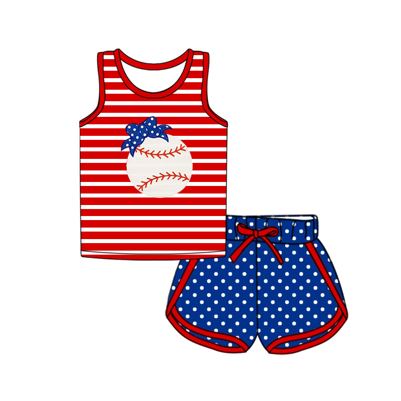 preorder GSSO2371 Red Blue baseball Bows striped Sleeveless Top dot shorts set girls boutique outfit 202503