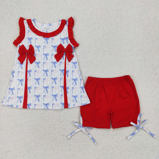 GSSO2373 4th of July American Red Blue Bows Ruffled Sleeveless Top Shorts Sets Girls Boutique Outfit  202503 RTS