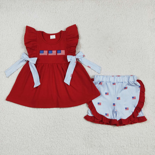 GSSO2375 4th of July Embroidered Flag Red Blue Bows Stripe Ruffle Fly Sleeve Shorts Set Girls Boutique Outfit 202504 RTS