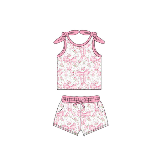 preorder GSSO2376 Pink Flower Bows Sleeveless Top shorts set girls boutique outfit 202503