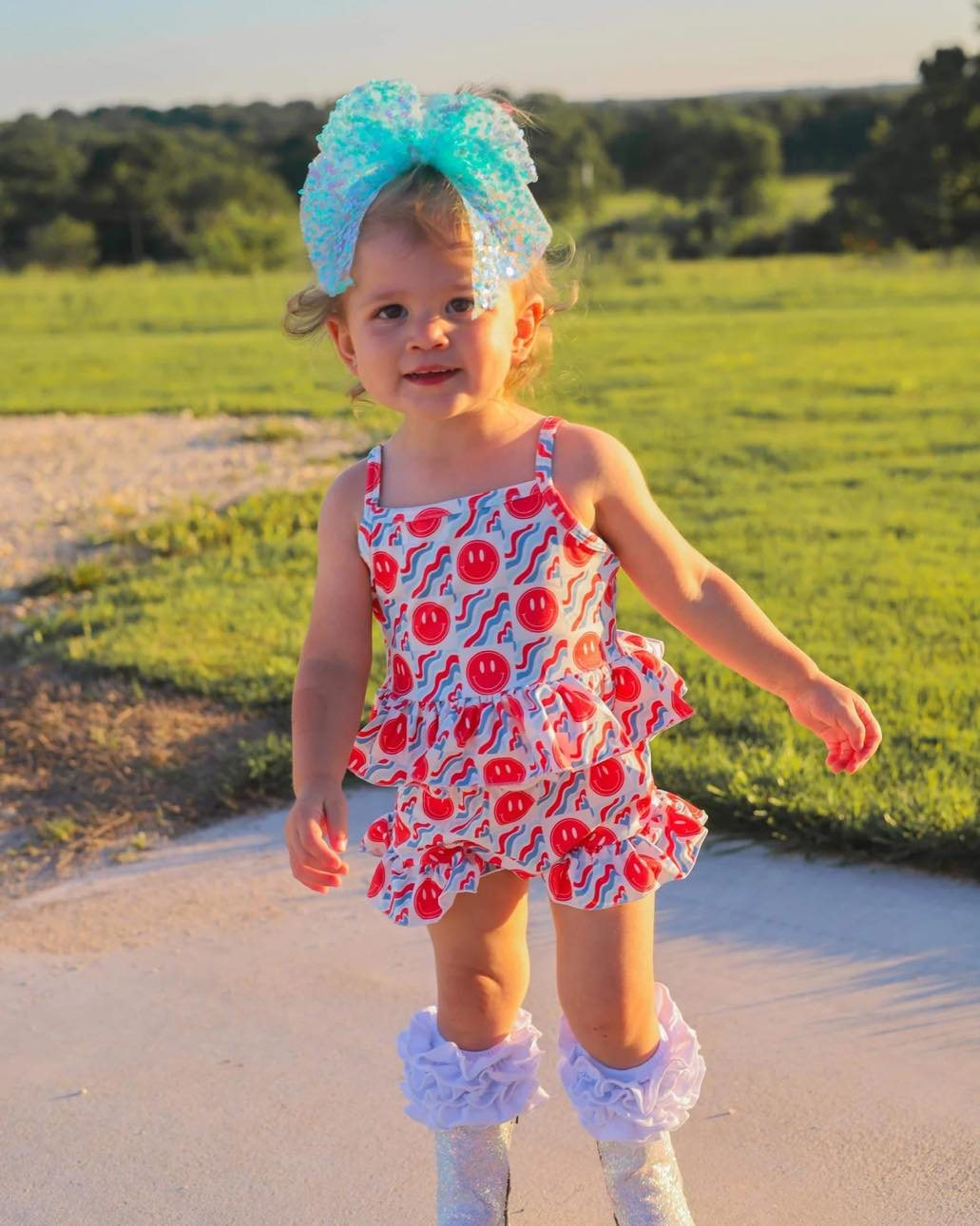 preorder GSSO2378 Red Smile Face Striped Ruffle Sleeveless Top Shorts Sets Girls Boutique Outfit 202503