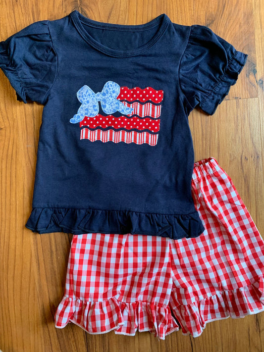 preorder GSSO2379 4th of July USA Navy Blue Bow Red Dot Striped Short Sleeve Top Shorts Sets Girls Boutique Outfit 202503