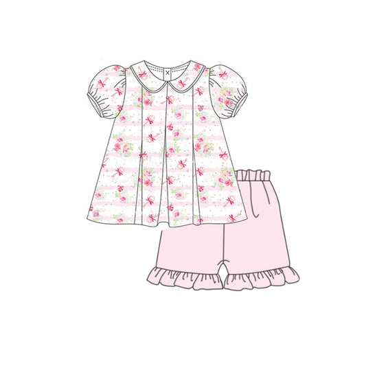 preorder GSSO2380 Pink Flower Ruffle Puff Short Sleeve Top Shorts Sets Girls Boutique Outfit 202503