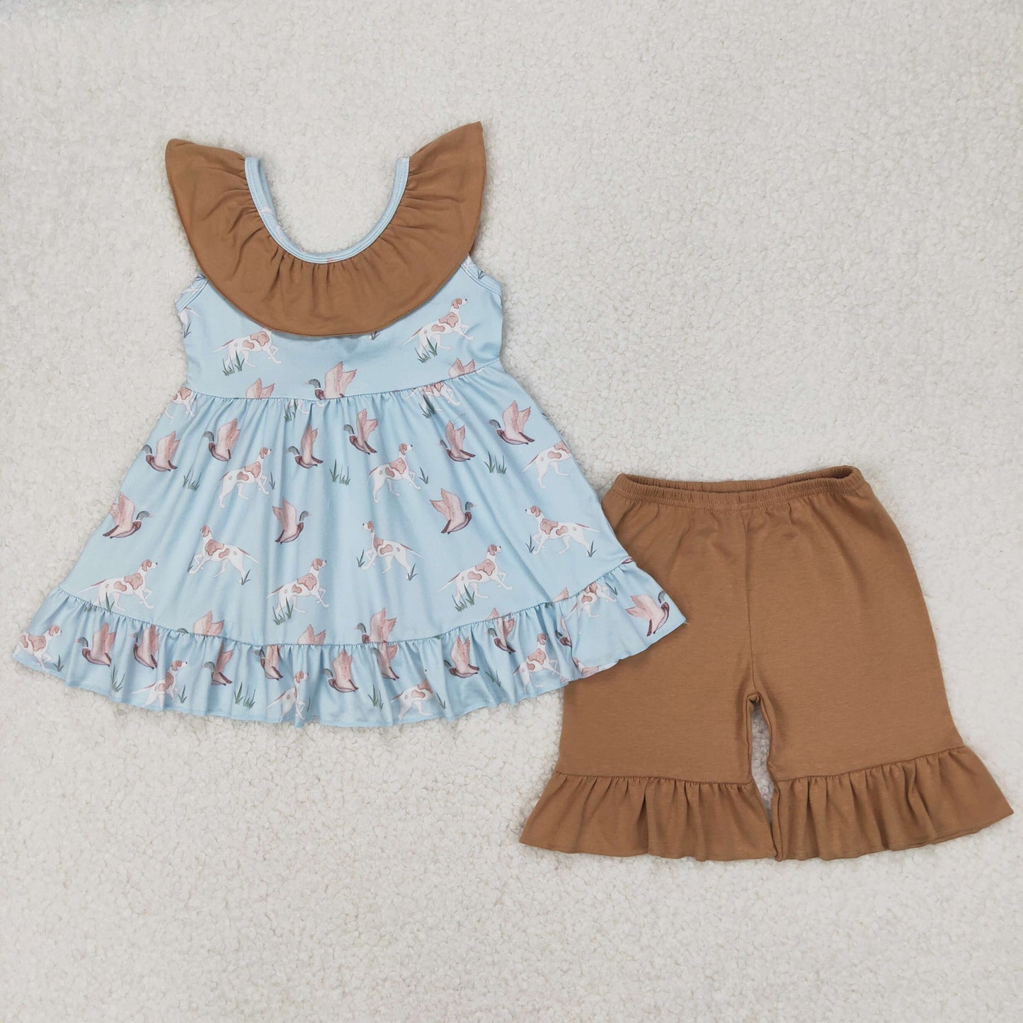 GSS2385 Duck Hunting Clothes Blue Brown Ruffle Bow Sleeveless Top Shorts Set Girls Boutique outfit 202503 RTS