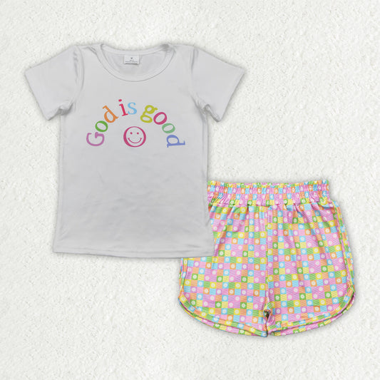 GSSO2386 God is Good Smile White Short Sleeve Top Colored Plaid Shorts Sets Girls Boutique Outfit 202503