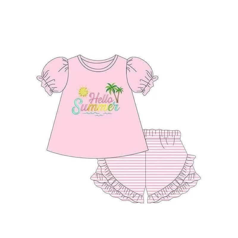 preorder GSSO2392 Beach Pink Puff Short Sleeve Top Ruffle Striped Shorts Sets Girls Boutique Outfit 202503