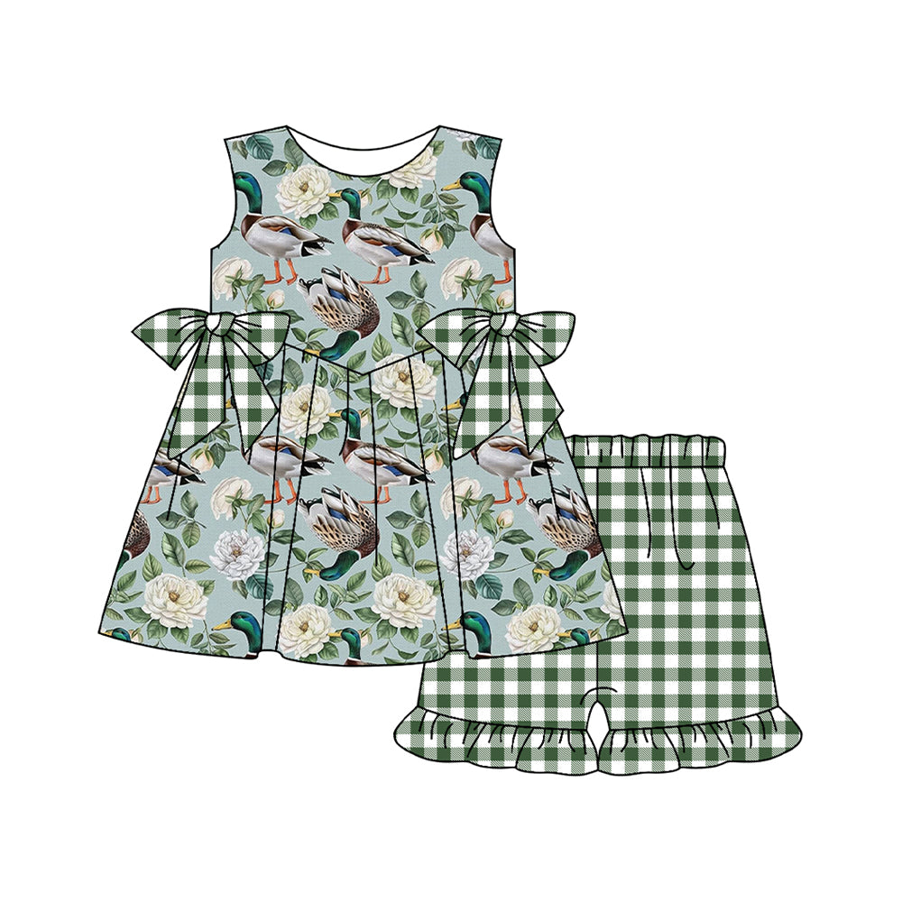preorder GSSO2393 Duck Flower Green Plaid Bows Sleeveless Top Shorts Sets Girls Boutique Outfit 202503