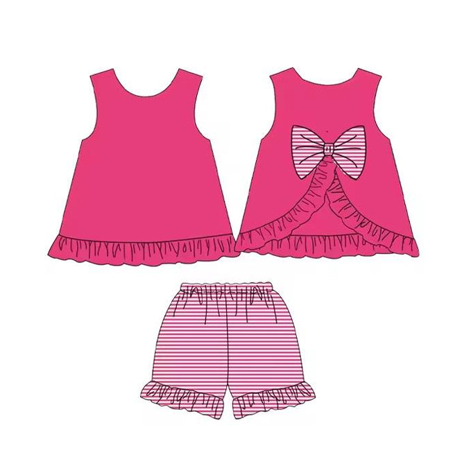 preorder GSSO2395 Rose Red Bow Sleeveless Ruffle Striped Shorts Sets Girls Boutique Outfit 202503