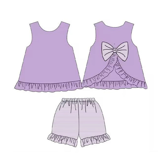 preorder GSSO2398 Purple Bow Sleeveless Ruffle Striped Shorts Sets Girls Boutique Outfit 202503