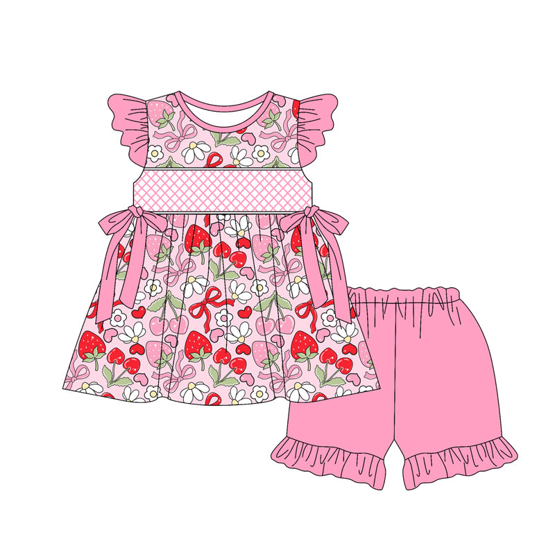 preorder GSSO2400 Hot Pink Strawberry Flower Bows Flower Fly Sleeve Ruffle Shorts Sets Girls Boutique Outfit 202503