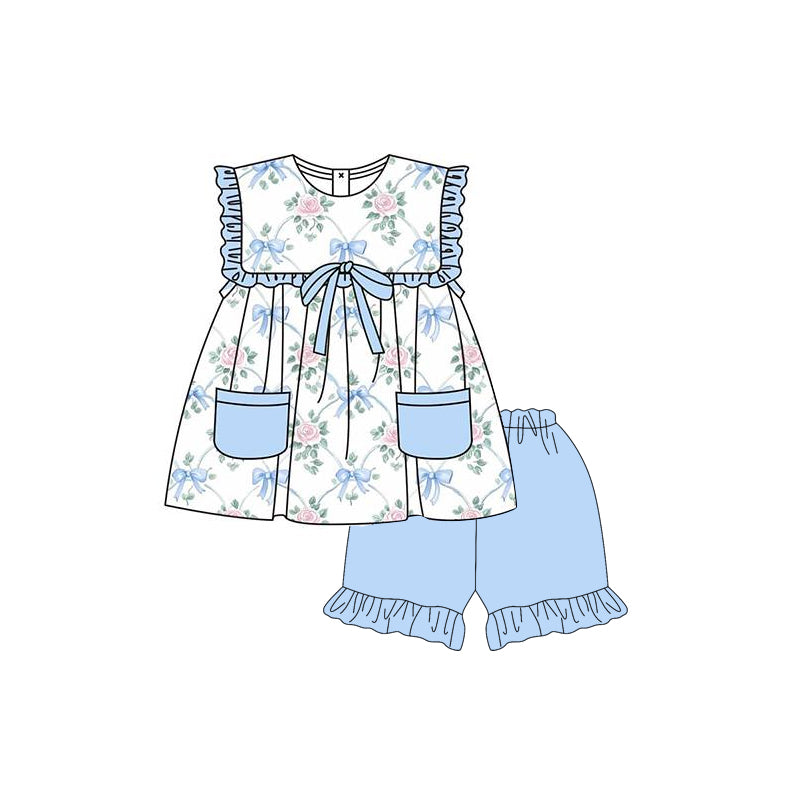 preorder GSSO2401 Blue White Pocket Bows Flower Ruffle Sleeveless Shorts Sets Girls Boutique Outfit 202503
