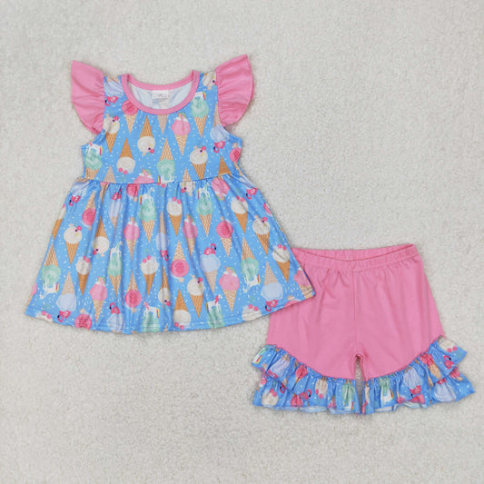GSSO2402 Blue Pink Ice Cream Dot Ruffle Fly Sleeve Shorts Sets Girls Boutique Outfit 202503 RTS