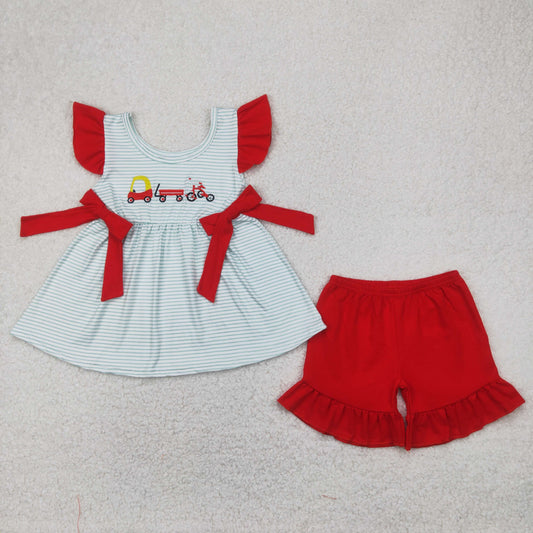 GSSO2404 Embroidered Bicycle Green Striped Red Fly Sleeve Bows Ruffle Shorts Sets Girls Boutique Outfit 202504 RTS