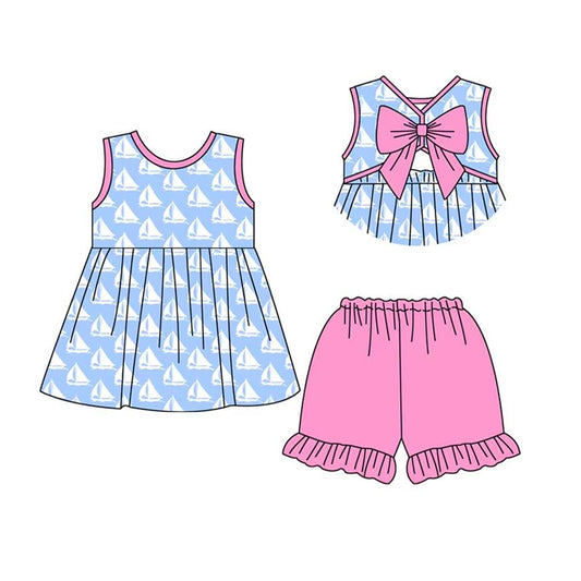 preorder GSSO2405 Easter Sailboat Blue Rose Red Ruffle Bow Sleeveless Shorts Sets Girls Boutique Outfit 202503