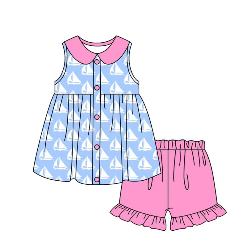 preorder GSSO2406 Easter Blue Sailboat Rose Red Doll collar Ruffle Button Sleeveless Shorts Sets Girls Boutique Outfit 202503