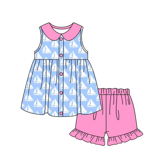 preorder GSSO2406 Easter Blue Sailboat Rose Red Doll collar Ruffle Button Sleeveless Shorts Sets Girls Boutique Outfit 202503